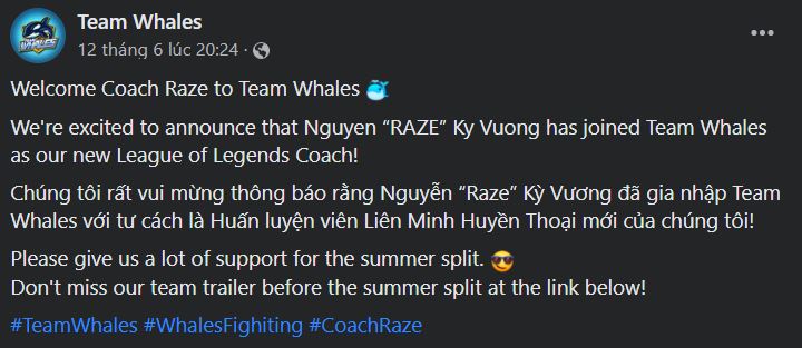 Team Whales chiêu mộ nhà vô địch VCS về làm HLV Sẵn sàng cạnh tranh